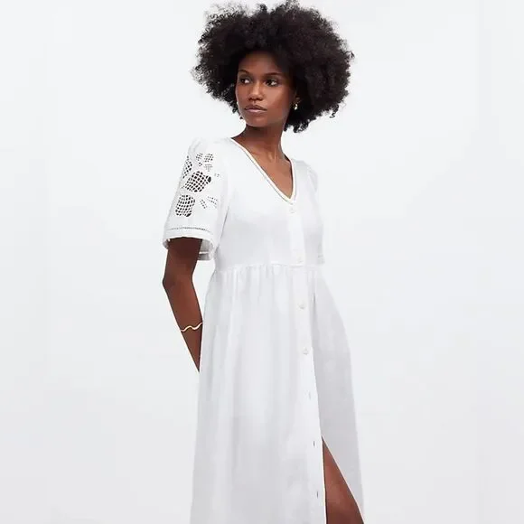 madewell button waist midi dress MADEWELL Linen Blend Button-Waist Wrap Midi Dress